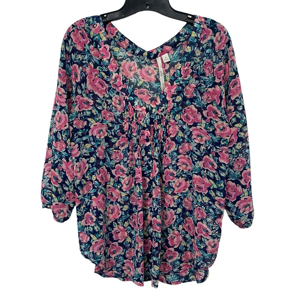 LC Lauren Conrad Womens Floral ¾ Sleeve Chiffon Blouse pleated button front sz M